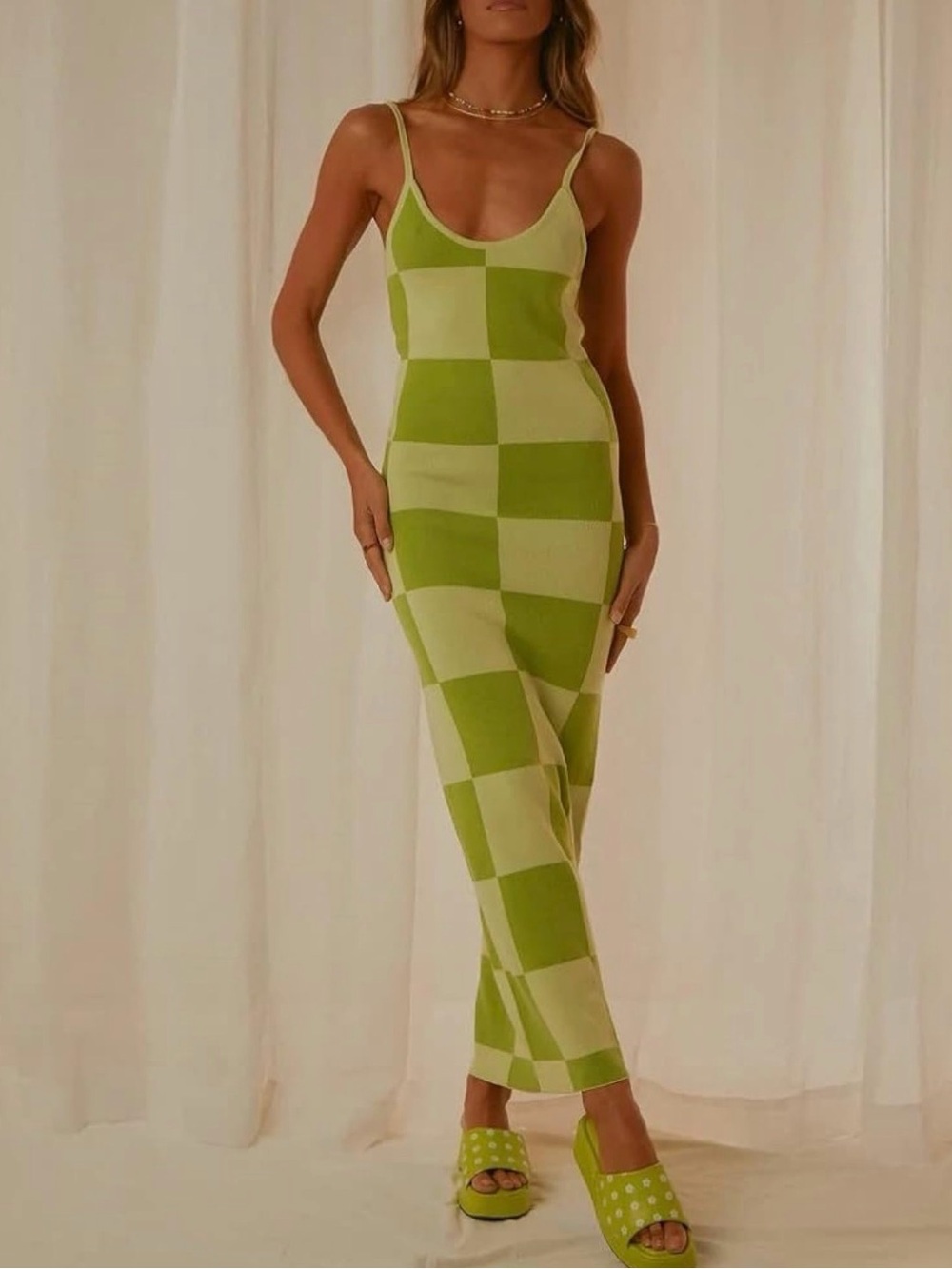 Amazon Lime Checkered Knit Maxi Dress